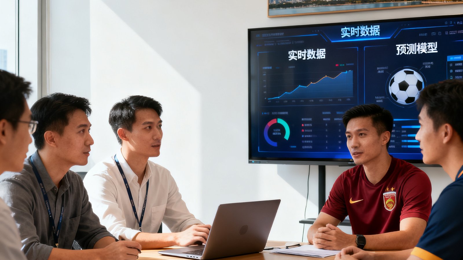 比分预测团队合影：数据工程师与足球分析师在深圳办公室共同讨论，背景大屏幕显示实时数据和预测模型
