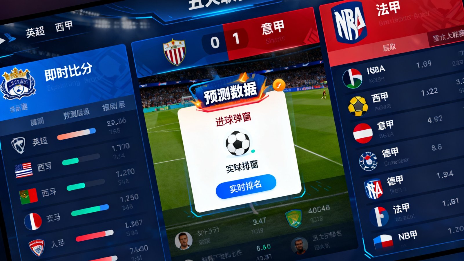 比分预测全屏背景大图：展示五大联赛及NBA赛事即时比分和预测数据，动态界面包含进球弹窗和实时排名